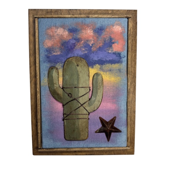Mixed Media Wall Art Saguaro Cactus Scene Sunset Stars Desert Southwest 6 x 8 - Picture 5 of 5